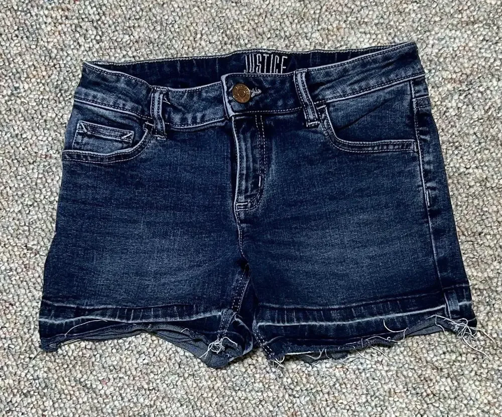 Justice Girls Denim Dark Blue Jean Shorts Size 12 Rolled Cuff Faded